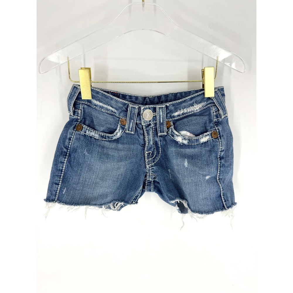 True Religion Jennifer Big T Blue Denim Cut Off Shorts Low Rise‎ Distressed 24